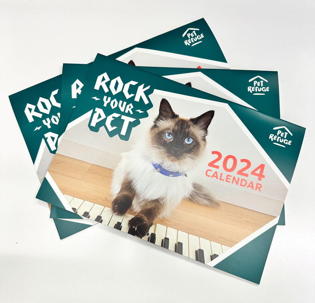 Pet Refuge 2024 'Rock Your Pet' calendar, with images of team members and supporters animals along with Mark Vette tips and tricks for training your pet
